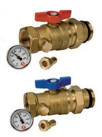 Ball Valves With Thermometer Each - Pair Of Red And Blue